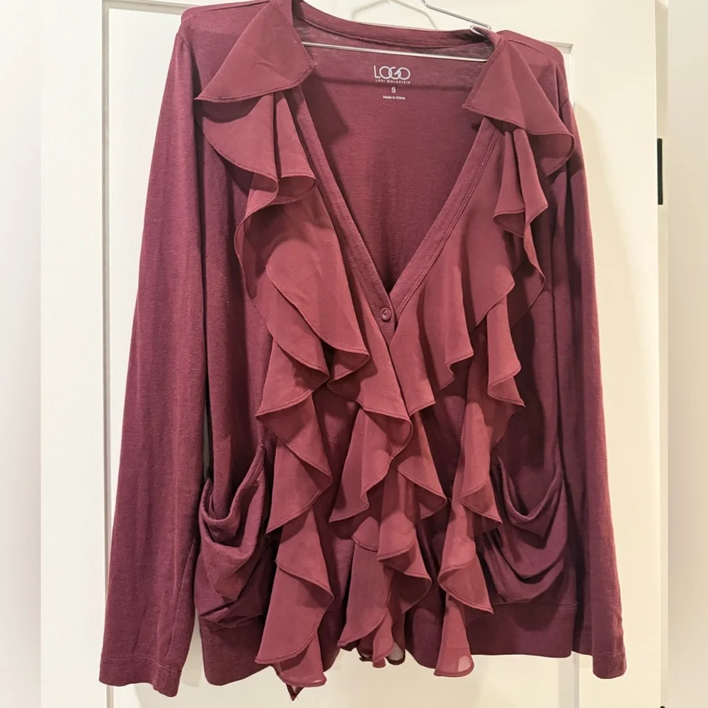LOGO by Lori Goldstein Deep Red Ruffle Blouse - Picture 3 of 7